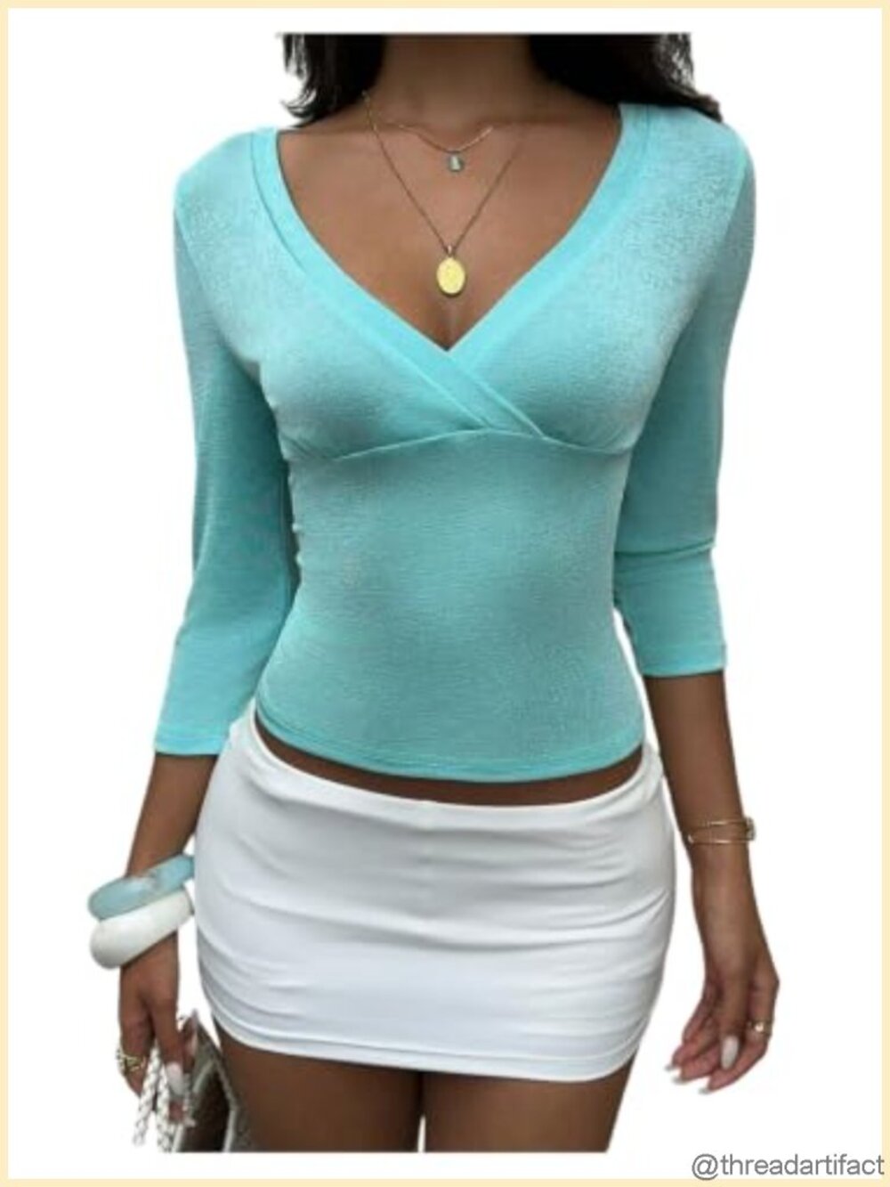 SOLY HUX Women's 3/4 Sleeve Wrap Cropped Top Fitted T-Shirt